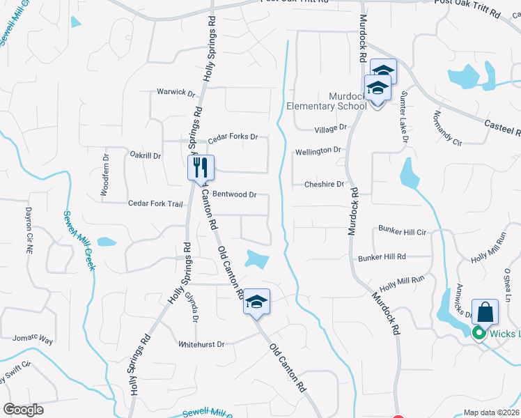 map of restaurants, bars, coffee shops, grocery stores, and more near 2782 Bentwood Drive in Marietta
