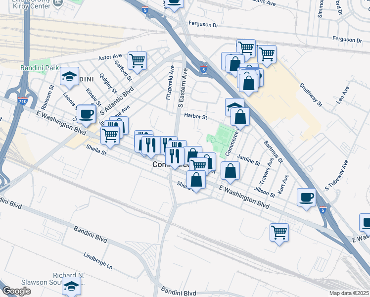 map of restaurants, bars, coffee shops, grocery stores, and more near 2340 S Eastern Ave in Commerce