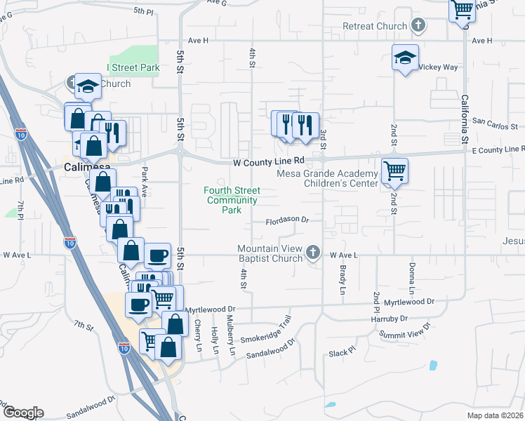 map of restaurants, bars, coffee shops, grocery stores, and more near 381 Rogers Court in Calimesa