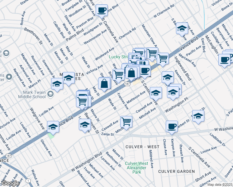map of restaurants, bars, coffee shops, grocery stores, and more near 12602 Venice Boulevard in Los Angeles