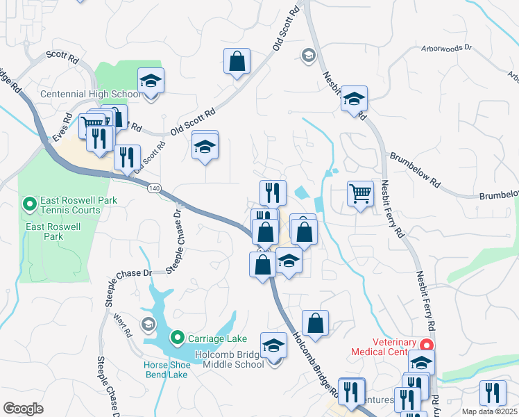 map of restaurants, bars, coffee shops, grocery stores, and more near 1012 Champions Green Parkway in Alpharetta