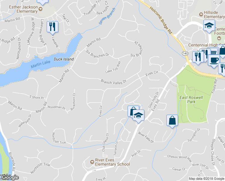 map of restaurants, bars, coffee shops, grocery stores, and more near 9125 Eves Circle in Roswell
