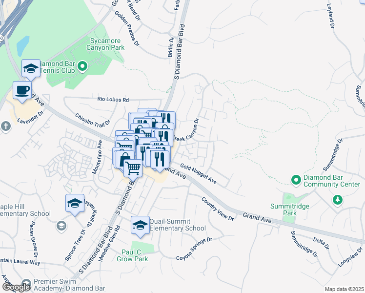 map of restaurants, bars, coffee shops, grocery stores, and more near 1102 Cleghorn Drive in Diamond Bar