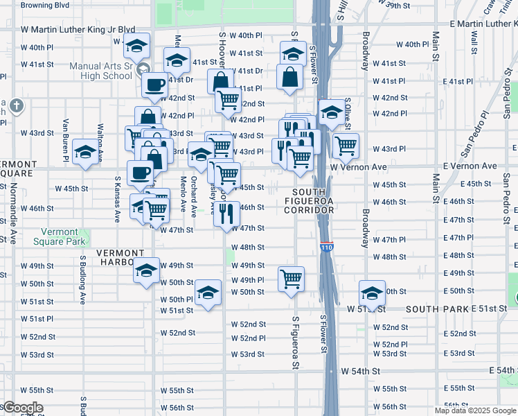 map of restaurants, bars, coffee shops, grocery stores, and more near 635 West 46th Street in Los Angeles