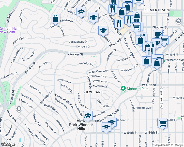 map of restaurants, bars, coffee shops, grocery stores, and more near 3887 West Mount Vernon Drive in Los Angeles