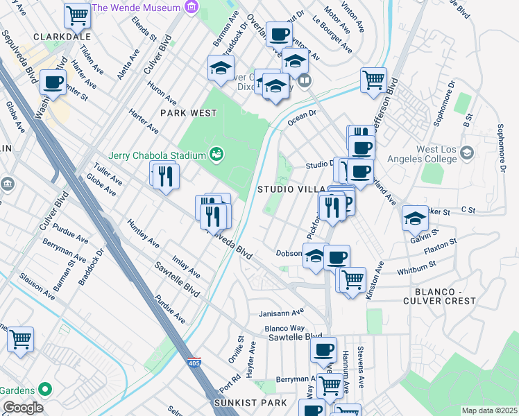 map of restaurants, bars, coffee shops, grocery stores, and more near 11057 Ocean Drive in Culver City