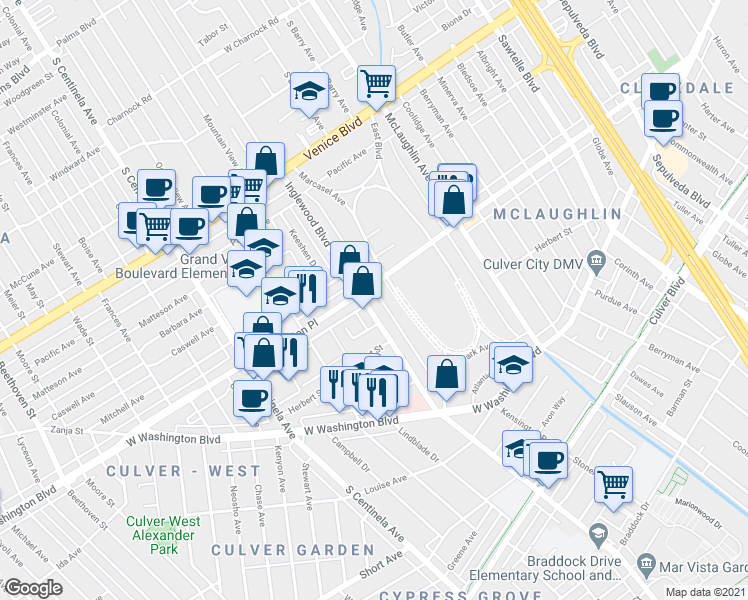 map of restaurants, bars, coffee shops, grocery stores, and more near in Los Angeles