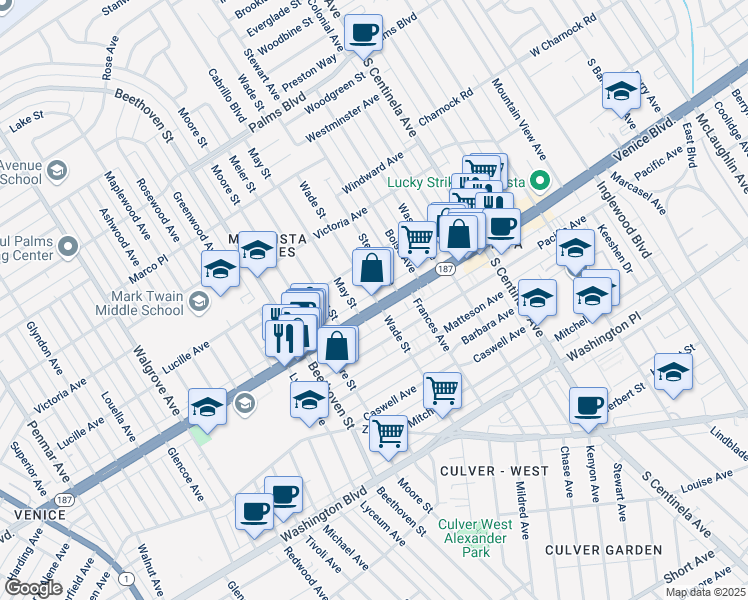 map of restaurants, bars, coffee shops, grocery stores, and more near 3787 Wade Street in Los Angeles