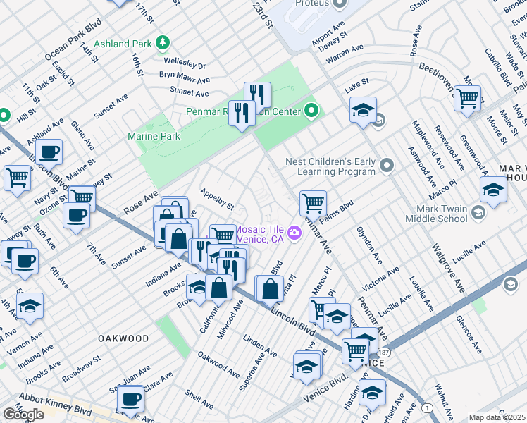 map of restaurants, bars, coffee shops, grocery stores, and more near 1051 Elkgrove Avenue in Los Angeles