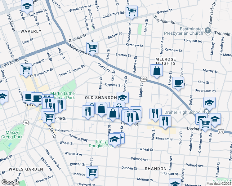 map of restaurants, bars, coffee shops, grocery stores, and more near 912 King Street in Columbia