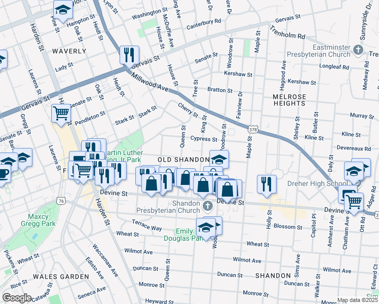 map of restaurants, bars, coffee shops, grocery stores, and more near 915 King Street in Columbia