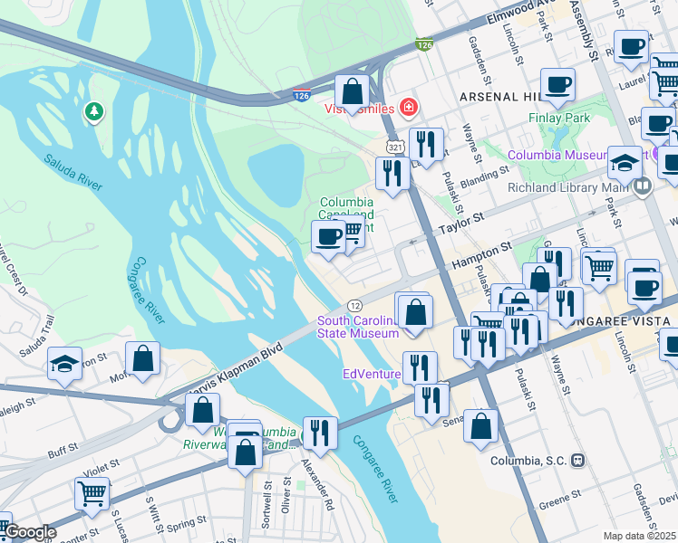 map of restaurants, bars, coffee shops, grocery stores, and more near 338a Taylor Street in Columbia