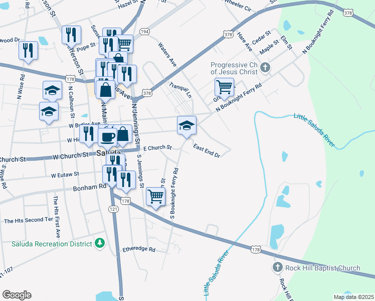 map of restaurants, bars, coffee shops, grocery stores, and more near 100 East End in Saluda