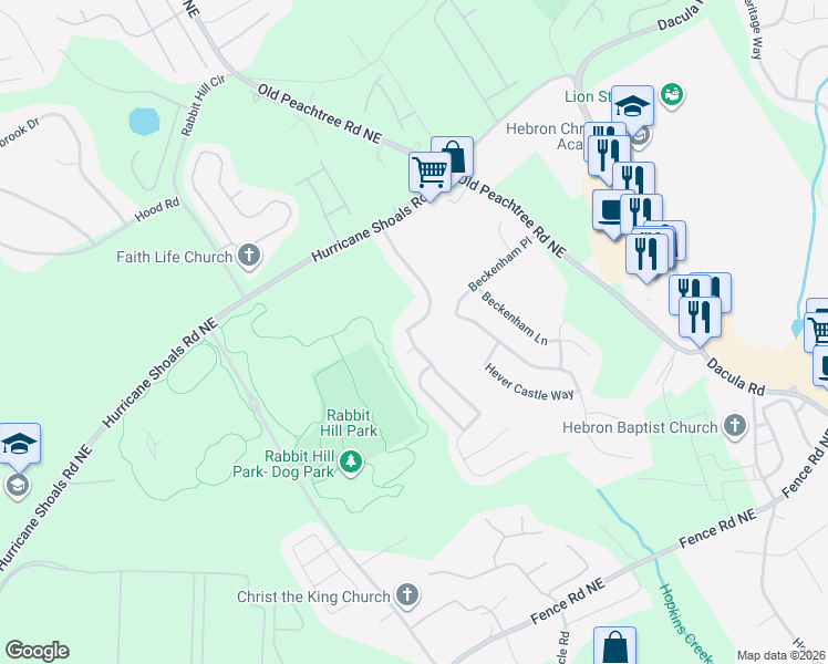 map of restaurants, bars, coffee shops, grocery stores, and more near 605 Beckenham Walk Drive in Dacula