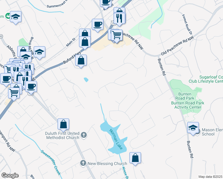 map of restaurants, bars, coffee shops, grocery stores, and more near 3323 Lancing Court in Duluth