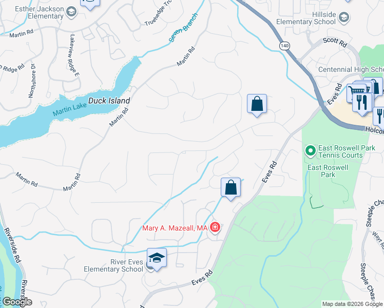 map of restaurants, bars, coffee shops, grocery stores, and more near 9125 Eves Circle in Roswell