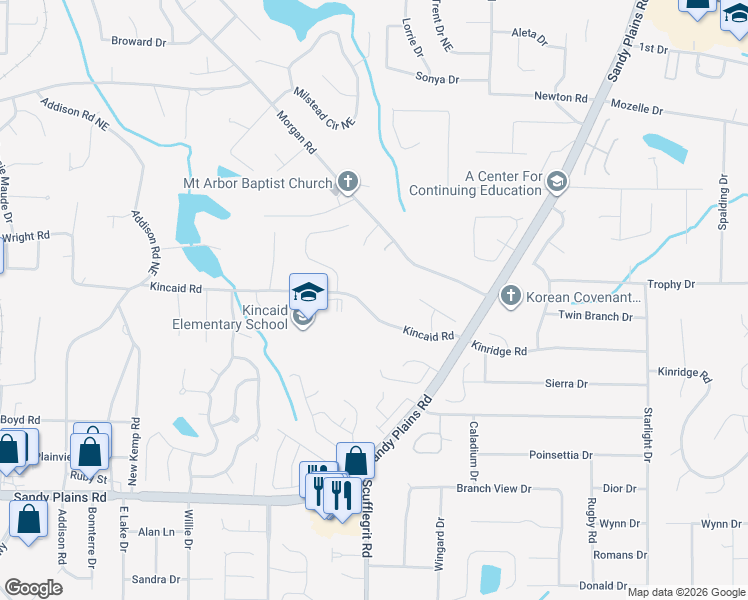 map of restaurants, bars, coffee shops, grocery stores, and more near 1515 Kincaid Road in Marietta