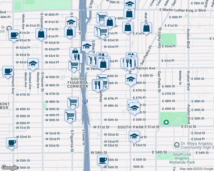 map of restaurants, bars, coffee shops, grocery stores, and more near 240 West 46th Street in Los Angeles
