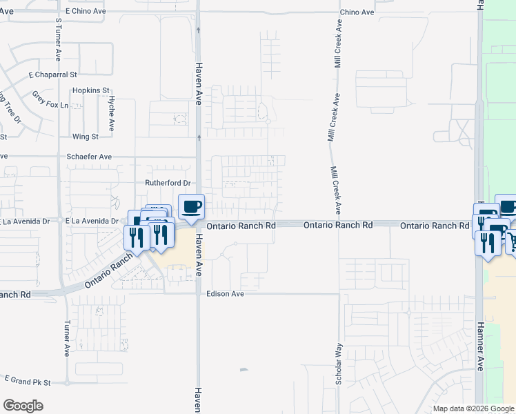 map of restaurants, bars, coffee shops, grocery stores, and more near 3625 East Delight Paseo in Ontario