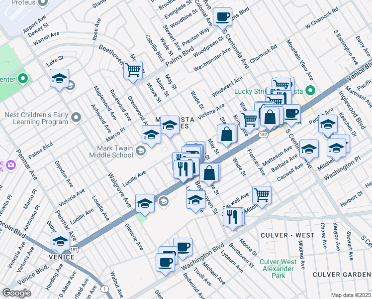 map of restaurants, bars, coffee shops, grocery stores, and more near 3750 Moore Street in Los Angeles