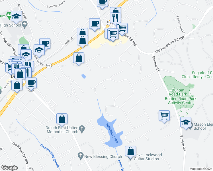 map of restaurants, bars, coffee shops, grocery stores, and more near 3323 Lancing Court in Duluth