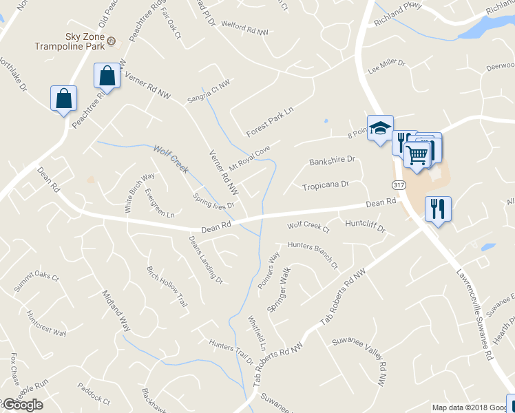 map of restaurants, bars, coffee shops, grocery stores, and more near 2180 Ashley Crossing Court Northwest in Lawrenceville