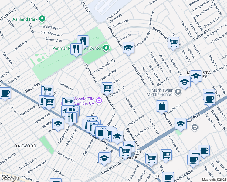 map of restaurants, bars, coffee shops, grocery stores, and more near 1233 Palms Boulevard in Los Angeles