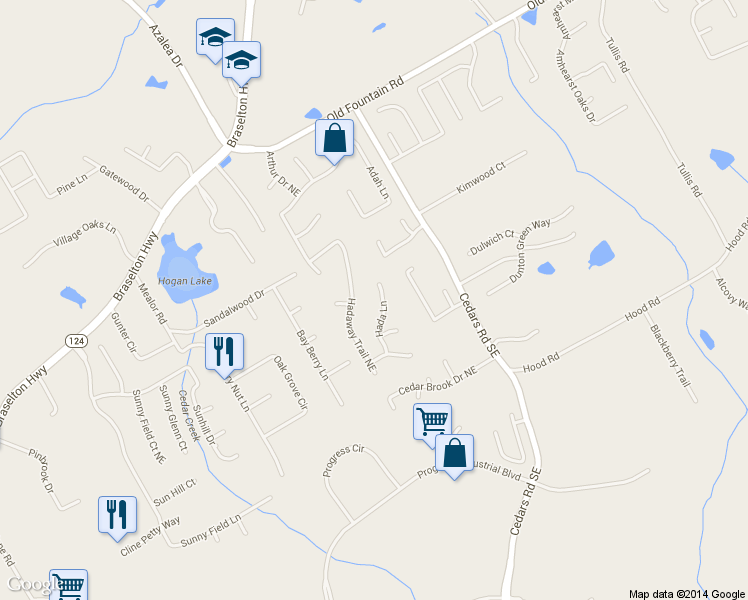 map of restaurants, bars, coffee shops, grocery stores, and more near 1401 Hada Lane in Lawrenceville