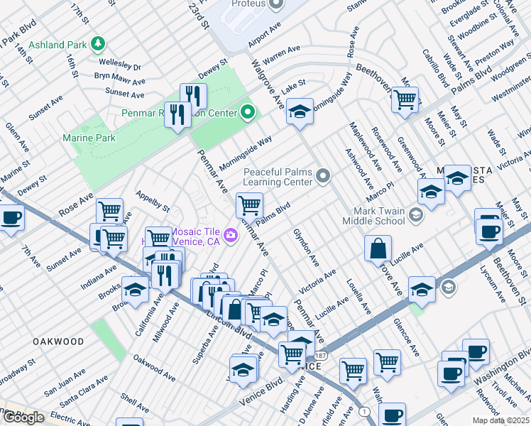 map of restaurants, bars, coffee shops, grocery stores, and more near 1233 Palms Boulevard in Los Angeles
