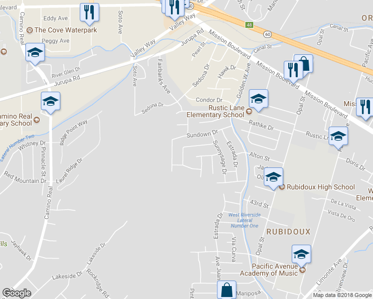 map of restaurants, bars, coffee shops, grocery stores, and more near 4092 Sandpiper Drive in Riverside