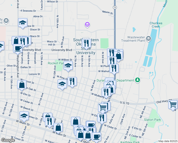 map of restaurants, bars, coffee shops, grocery stores, and more near 802 West Walnut Street in Durant