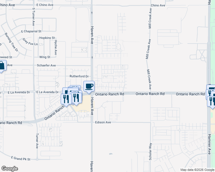 map of restaurants, bars, coffee shops, grocery stores, and more near 3595 East Delight Paseo in Ontario