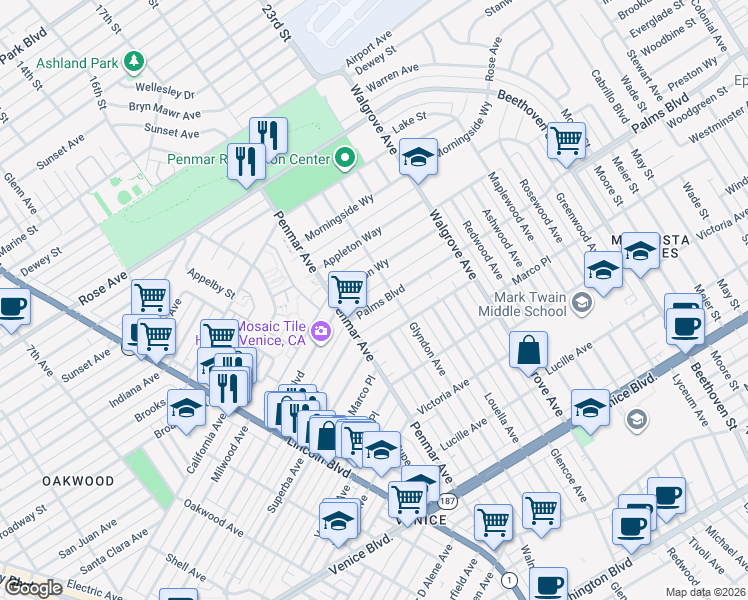 map of restaurants, bars, coffee shops, grocery stores, and more near 1239 Palms Boulevard in Los Angeles