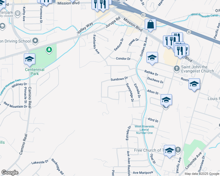 map of restaurants, bars, coffee shops, grocery stores, and more near 4092 Sandpiper Drive in Riverside