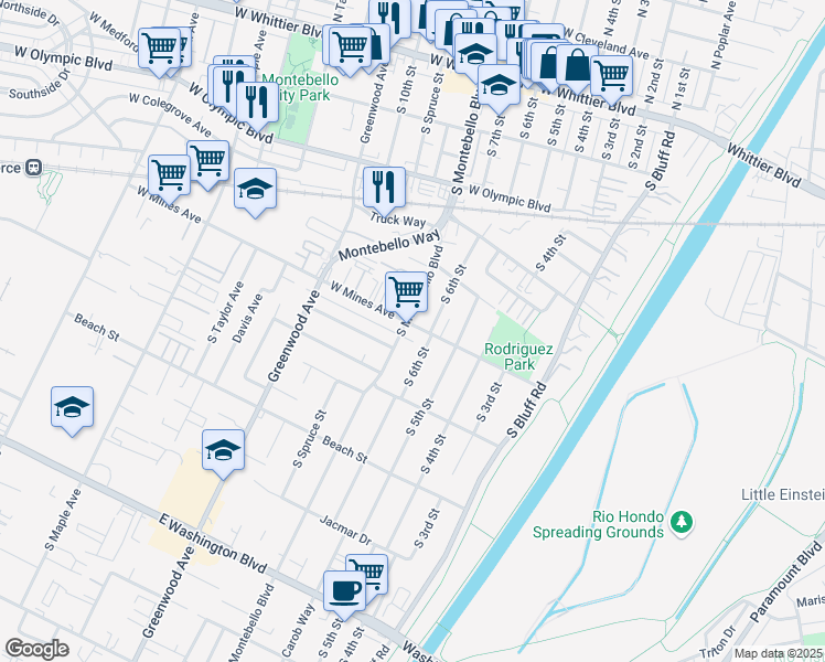 map of restaurants, bars, coffee shops, grocery stores, and more near 723 West Mines Avenue in Montebello
