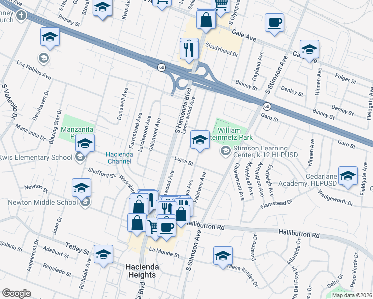 map of restaurants, bars, coffee shops, grocery stores, and more near 1603 Olympus Avenue in Hacienda Heights