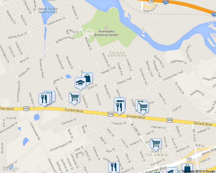 map of restaurants, bars, coffee shops, grocery stores, and more near 1002 Mohawk Drive in West Columbia