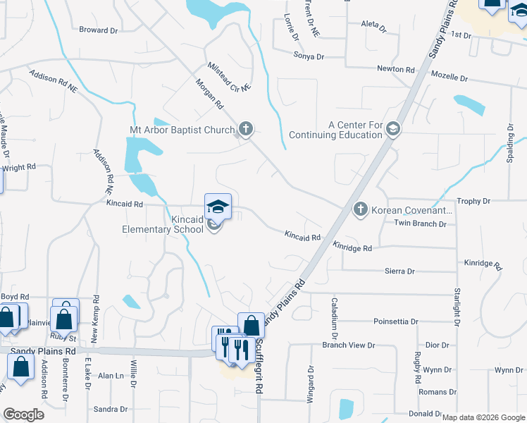 map of restaurants, bars, coffee shops, grocery stores, and more near 1515 Kincaid Road in Marietta
