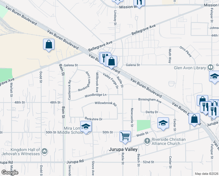map of restaurants, bars, coffee shops, grocery stores, and more near 4740 Foxborough Court in Riverside