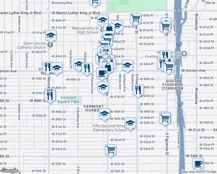 map of restaurants, bars, coffee shops, grocery stores, and more near 977 West 46th Street in Los Angeles