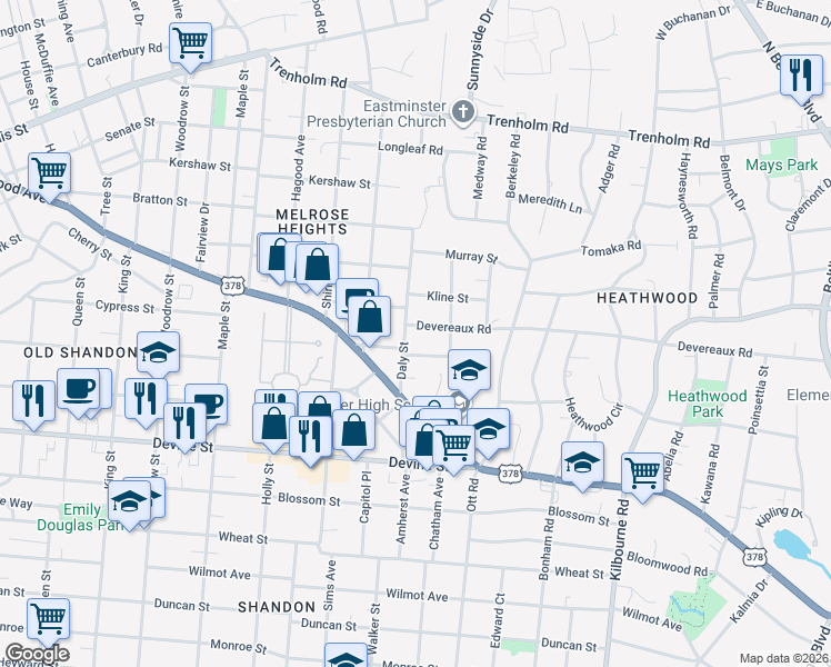 map of restaurants, bars, coffee shops, grocery stores, and more near 3204 Devereaux Road in Columbia