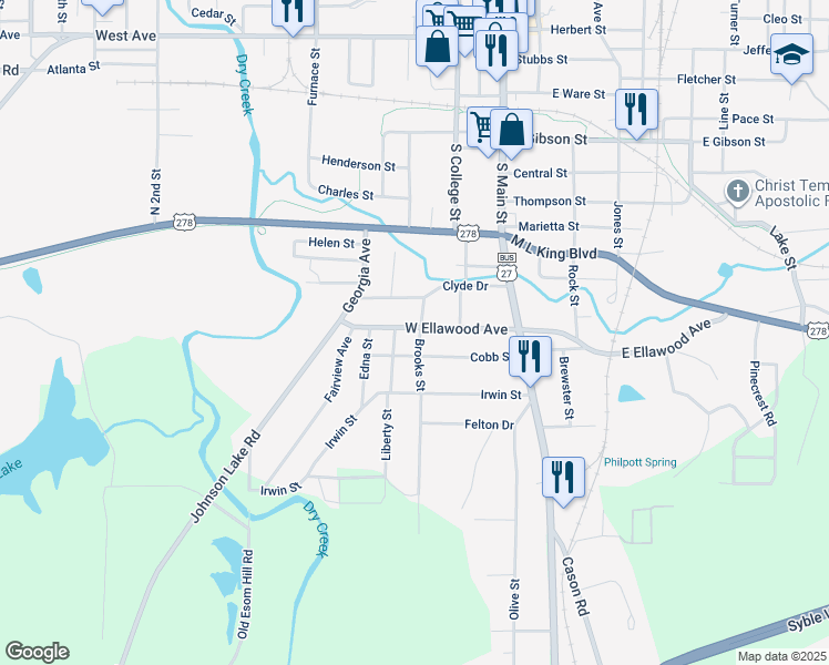 map of restaurants, bars, coffee shops, grocery stores, and more near 201 West Ellawood Avenue in Cedartown