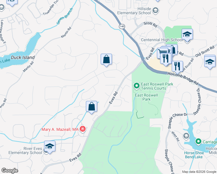 map of restaurants, bars, coffee shops, grocery stores, and more near 1975 Glen Eves Drive in Roswell