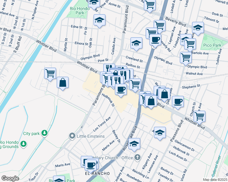 map of restaurants, bars, coffee shops, grocery stores, and more near 8648 Whittier Boulevard in Pico Rivera