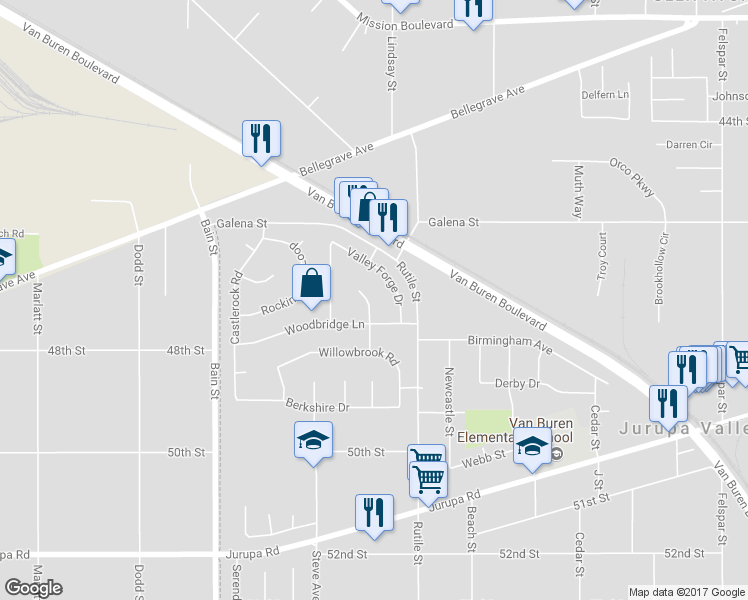 map of restaurants, bars, coffee shops, grocery stores, and more near 4756 Foxborough Court in Riverside