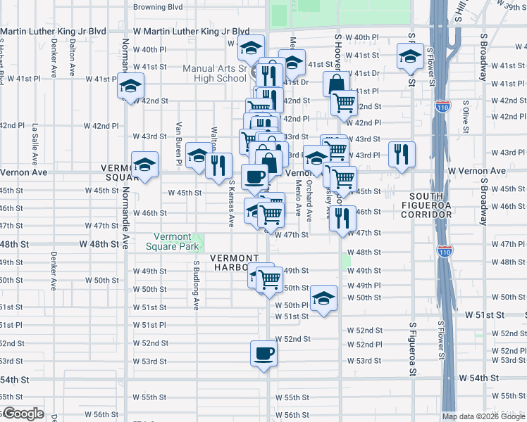 map of restaurants, bars, coffee shops, grocery stores, and more near 4521 Vermont Avenue in Los Angeles
