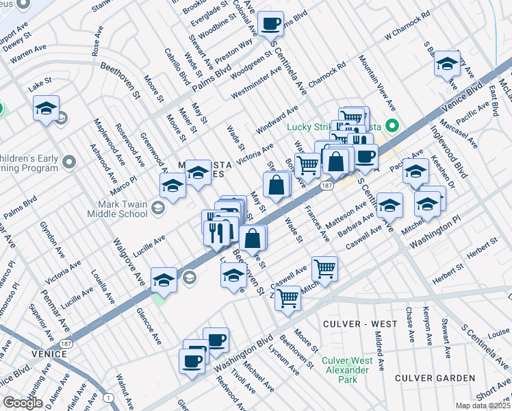 map of restaurants, bars, coffee shops, grocery stores, and more near 3767 May Street in Los Angeles