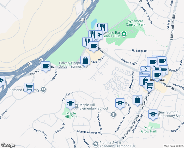 map of restaurants, bars, coffee shops, grocery stores, and more near 883 Terrace Lane West in Diamond Bar