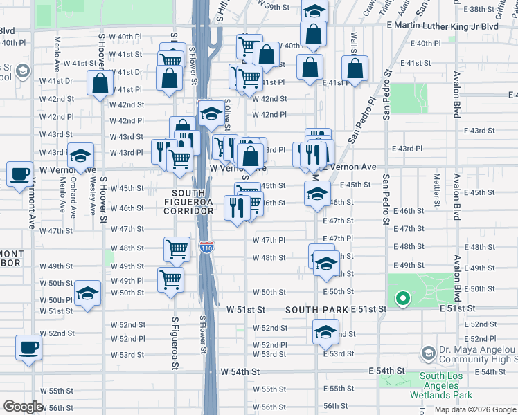 map of restaurants, bars, coffee shops, grocery stores, and more near 240 West 46th Street in Los Angeles