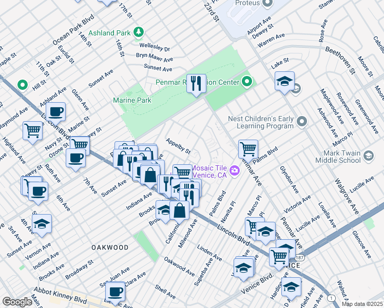 map of restaurants, bars, coffee shops, grocery stores, and more near 830 Appleby Street in Los Angeles